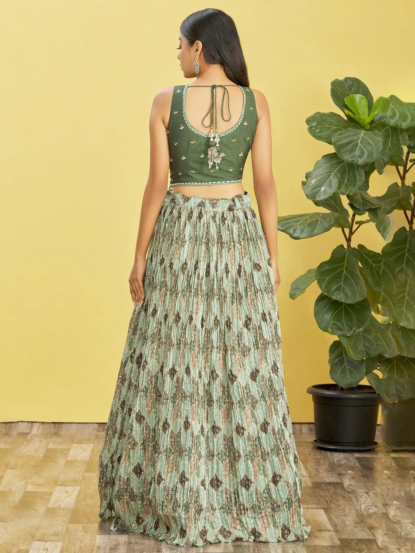 Green Lehenga With Digital Print And Thread Zari Sequins Embroidery Real Mirror Work