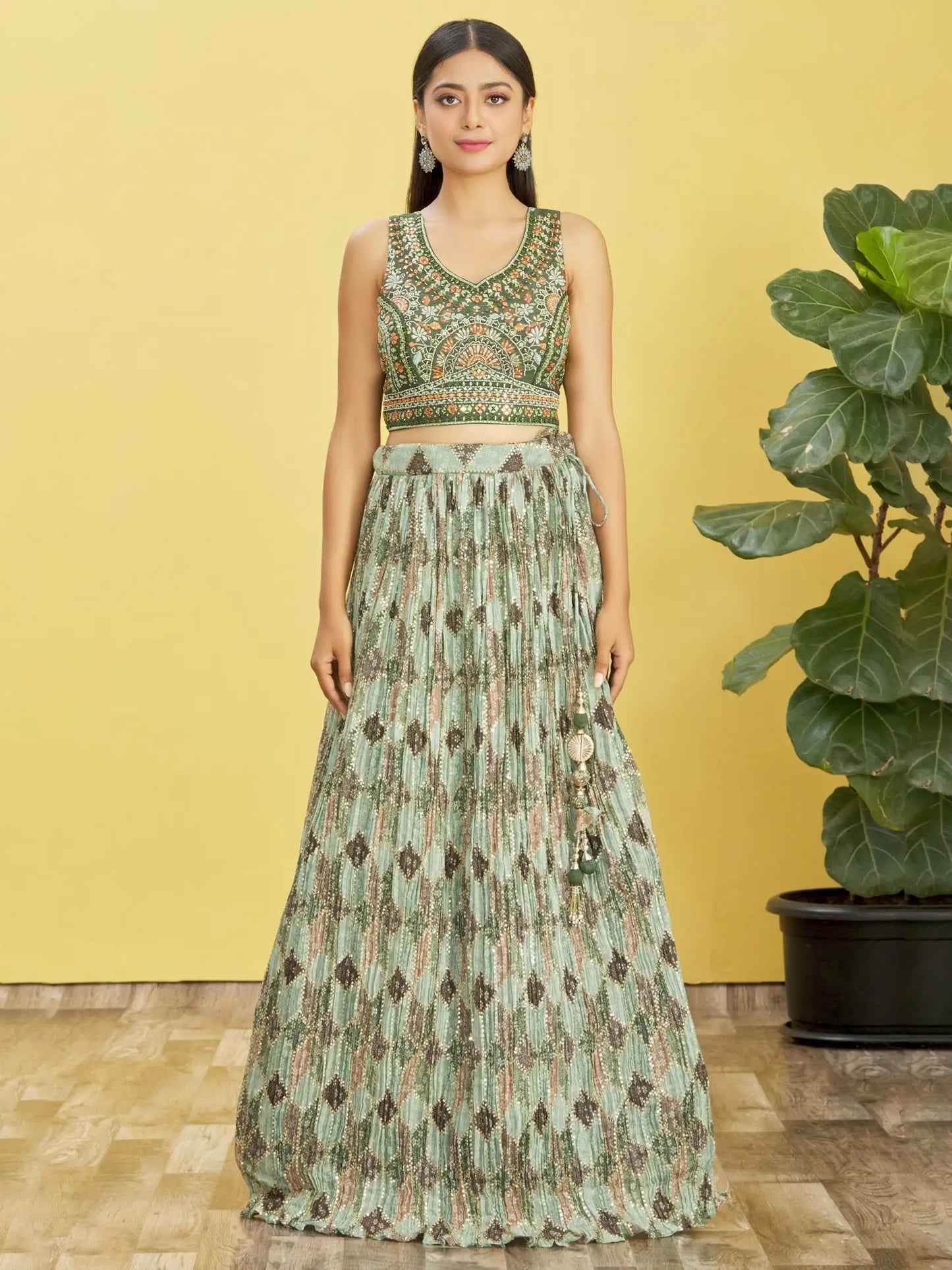 Green Lehenga With Digital Print And Thread Zari Sequins Embroidery Real Mirror Work