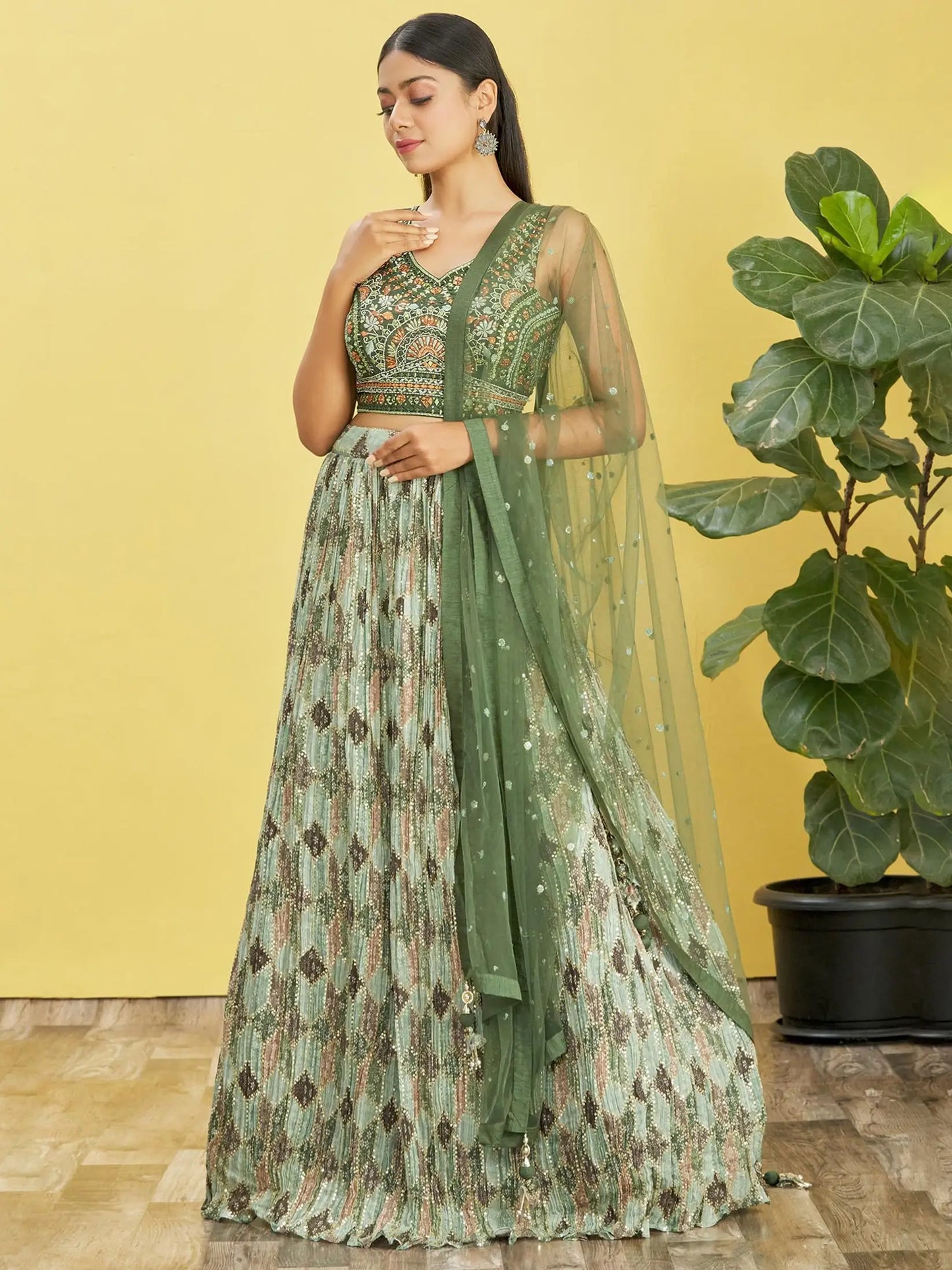 Green Lehenga With Digital Print And Thread Zari Sequins Embroidery Real Mirror Work
