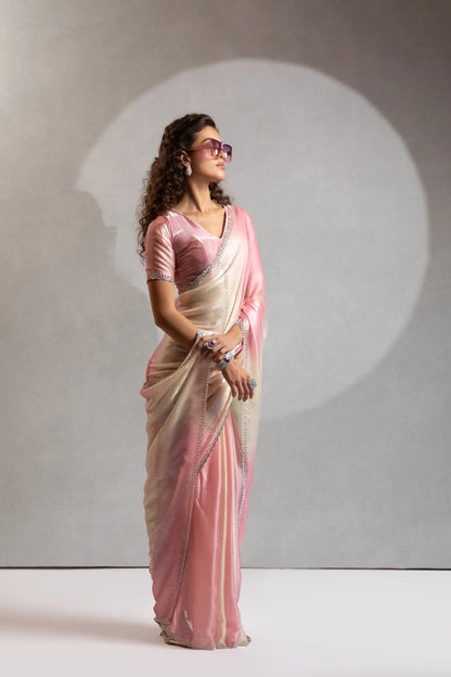 Blush Pink-Ivory Satin Silk Jarkan Hand Work Saree