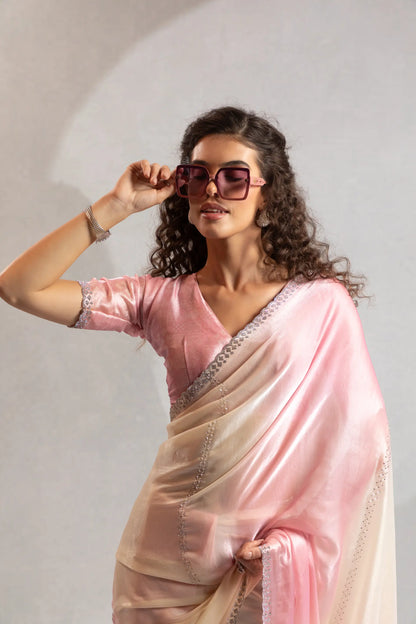 Blush Pink-Ivory Satin Silk Jarkan Hand Work Saree