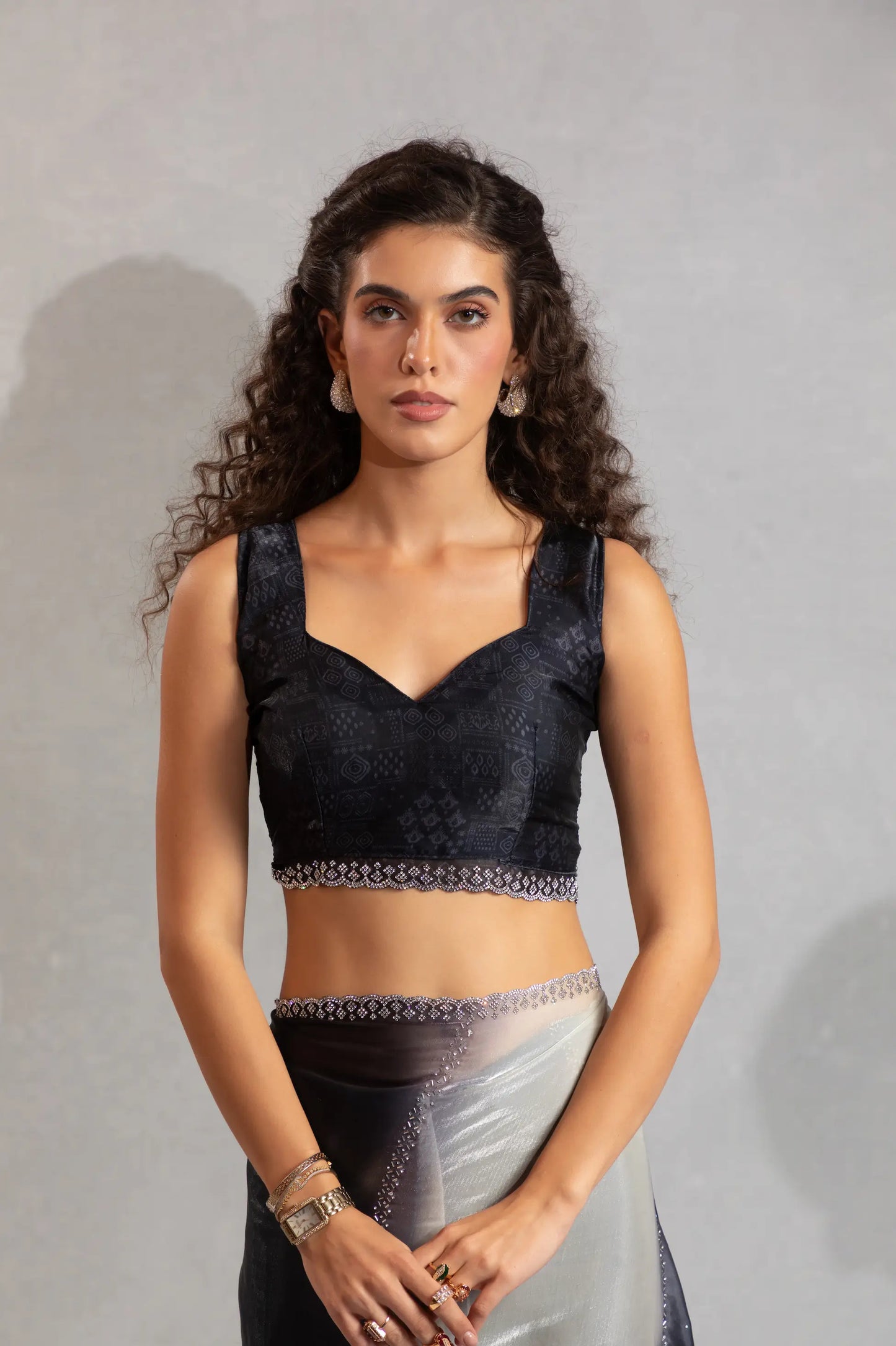 Black-Ivory Satin Silk Jarkan Hand Work Saree