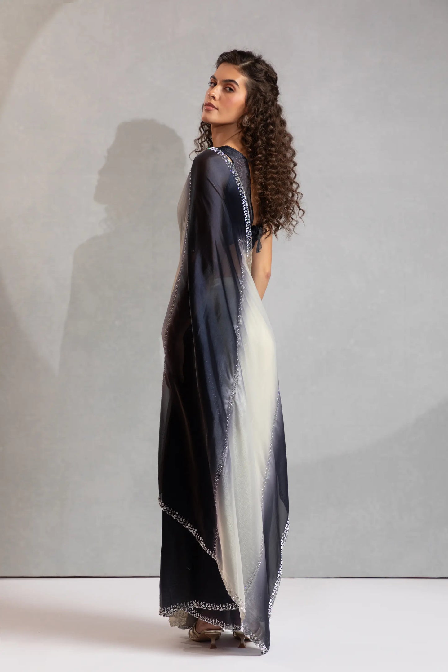 Black-Ivory Satin Silk Jarkan Hand Work Saree