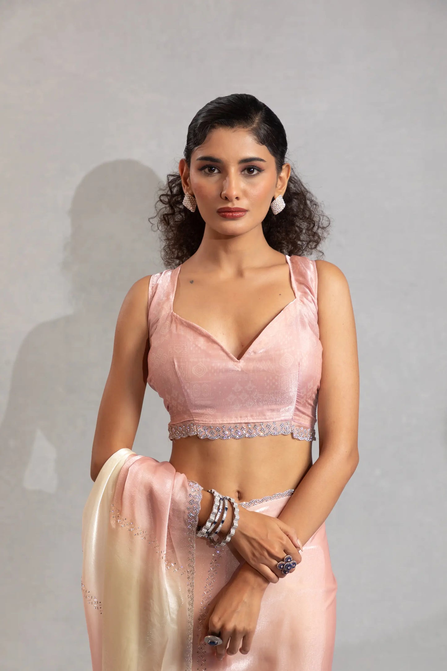 Peach-Ivory Satin Silk Jarkan Hand Work Saree