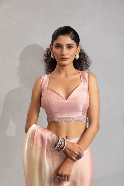 Peach-Ivory Satin Silk Jarkan Hand Work Saree