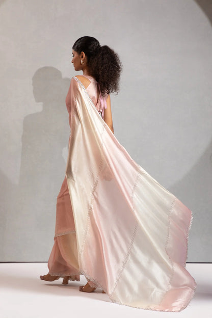 Peach-Ivory Satin Silk Jarkan Hand Work Saree