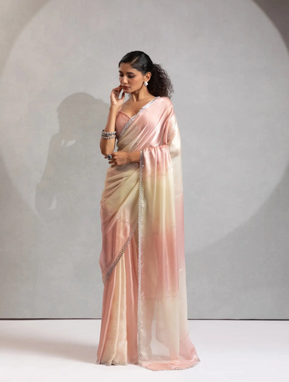 Peach-Ivory Satin Silk Jarkan Hand Work Saree