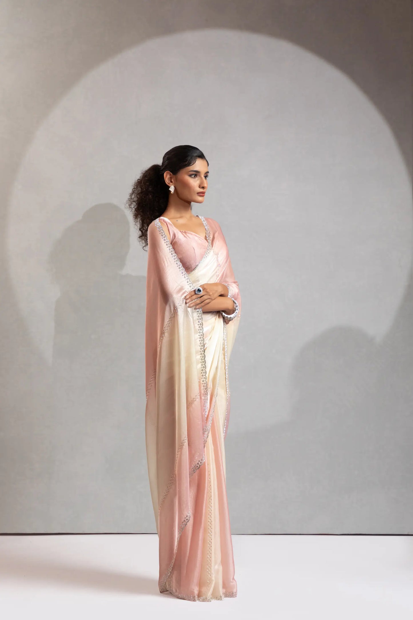 Peach-Ivory Satin Silk Jarkan Hand Work Saree
