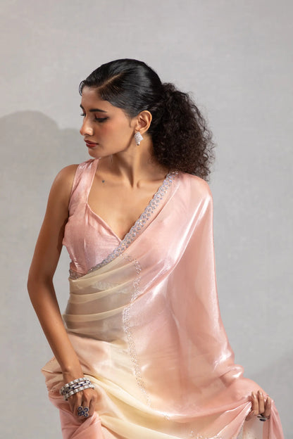 Peach-Ivory Satin Silk Jarkan Hand Work Saree
