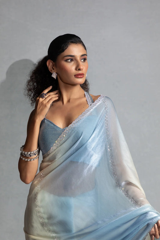 Bluish Grey-Ivory Satin Silk Jarkan Hand Work Saree