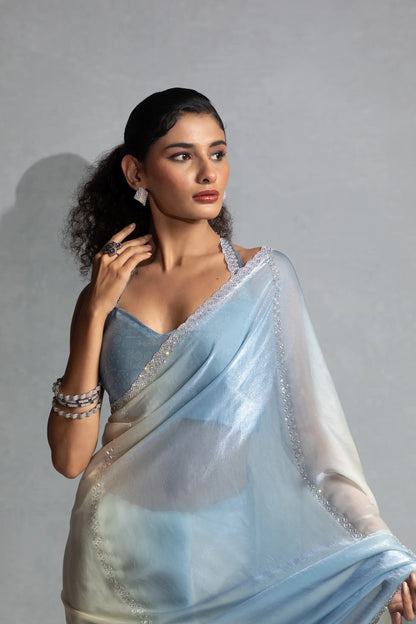Bluish Grey-Ivory Satin Silk Jarkan Hand Work Saree