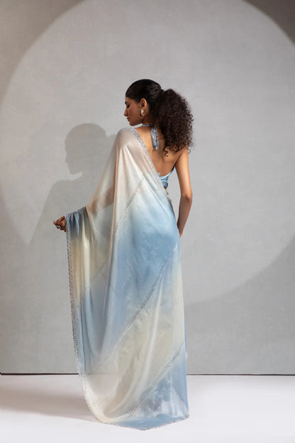 Bluish Grey-Ivory Satin Silk Jarkan Hand Work Saree