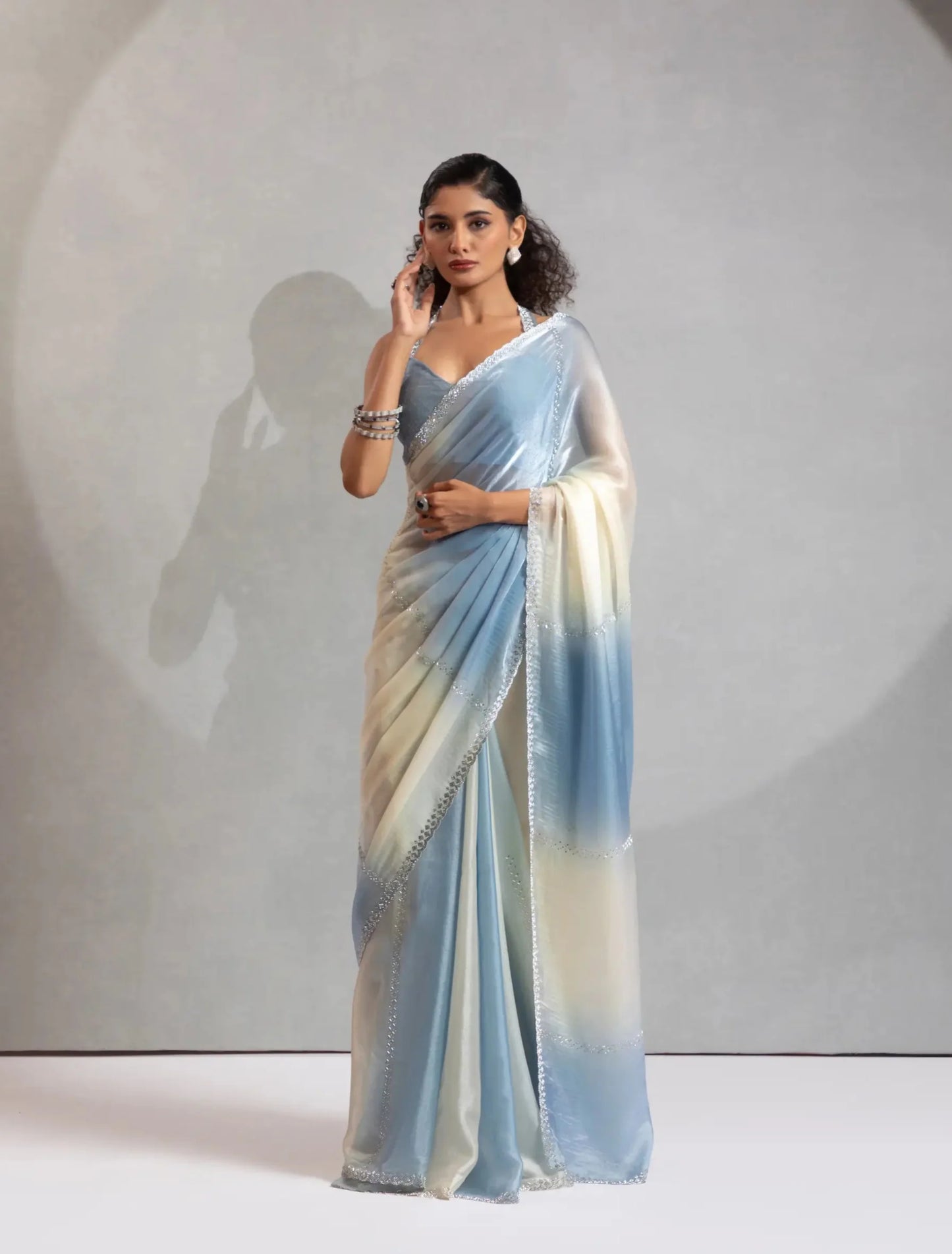 Bluish Grey-Ivory Satin Silk Jarkan Hand Work Saree