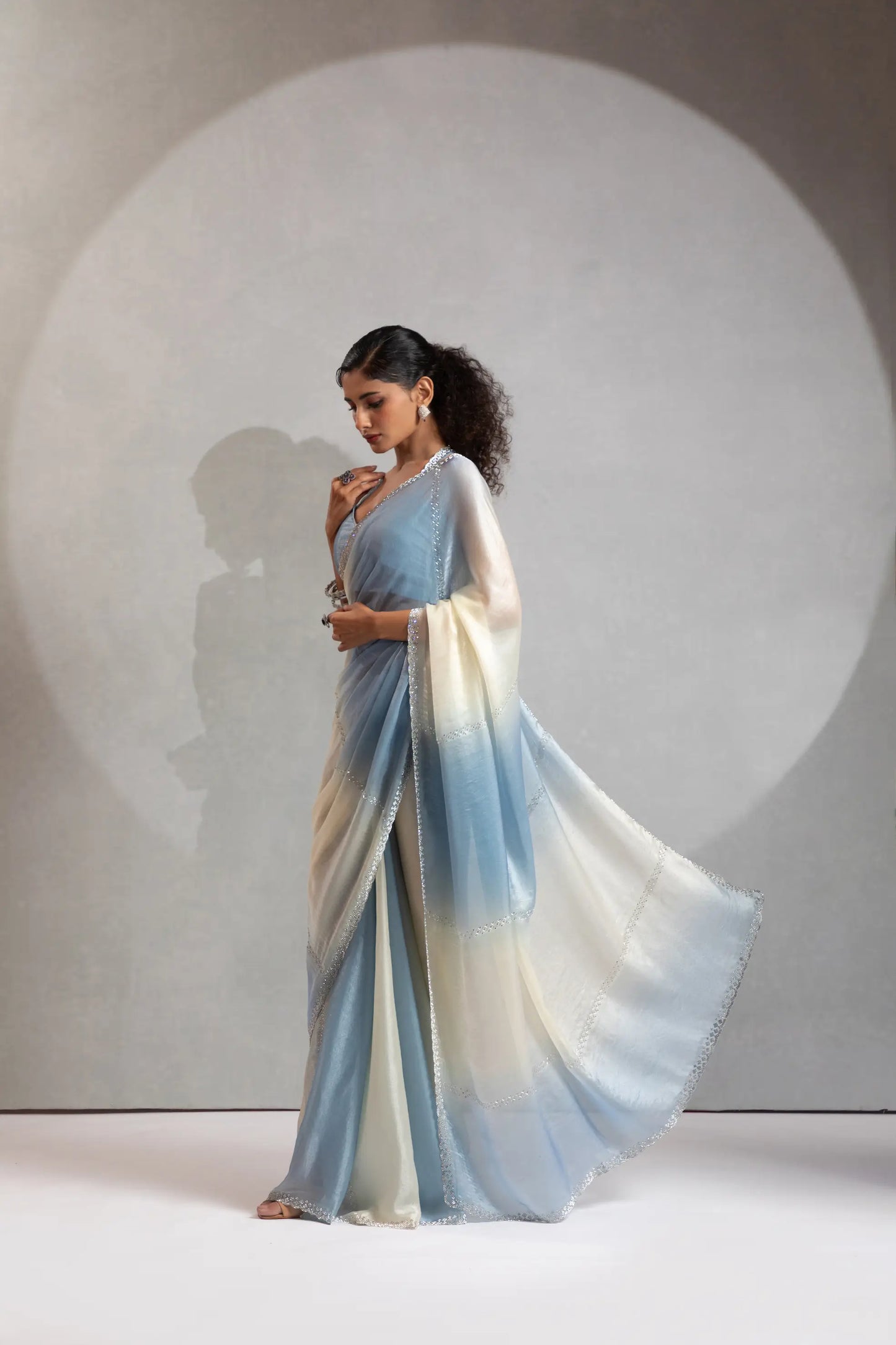 Bluish Grey-Ivory Satin Silk Jarkan Hand Work Saree