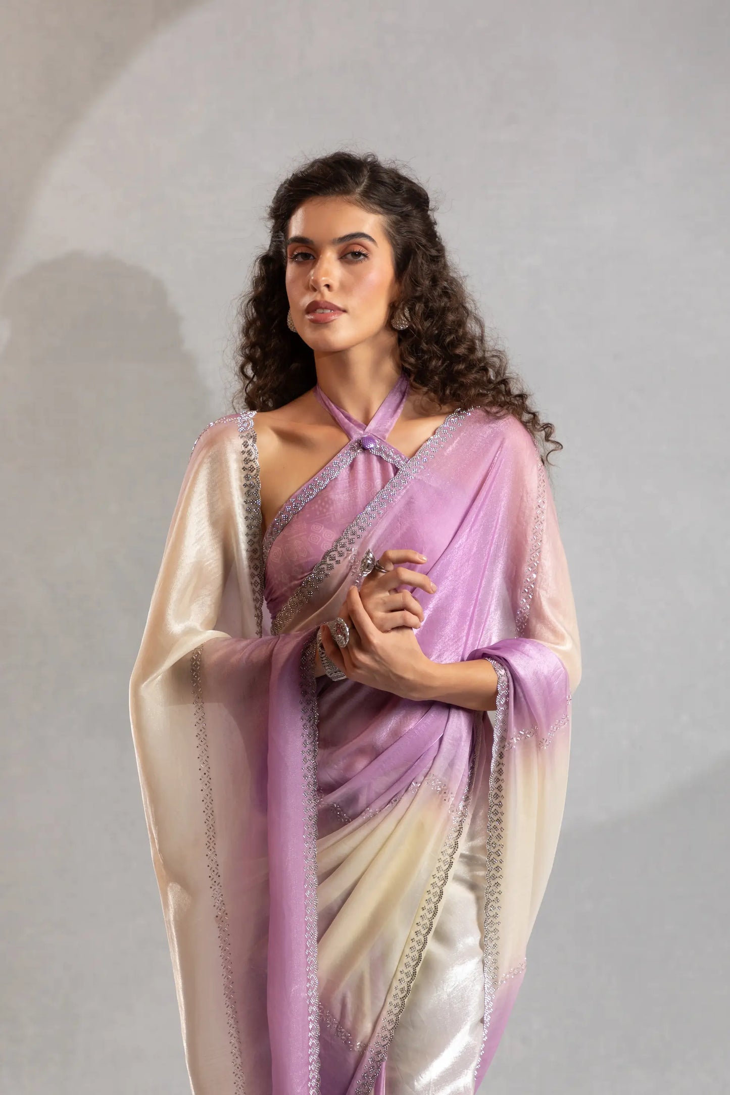 Dusty Purple-Ivory Satin Silk Jarkan Hand Work Saree