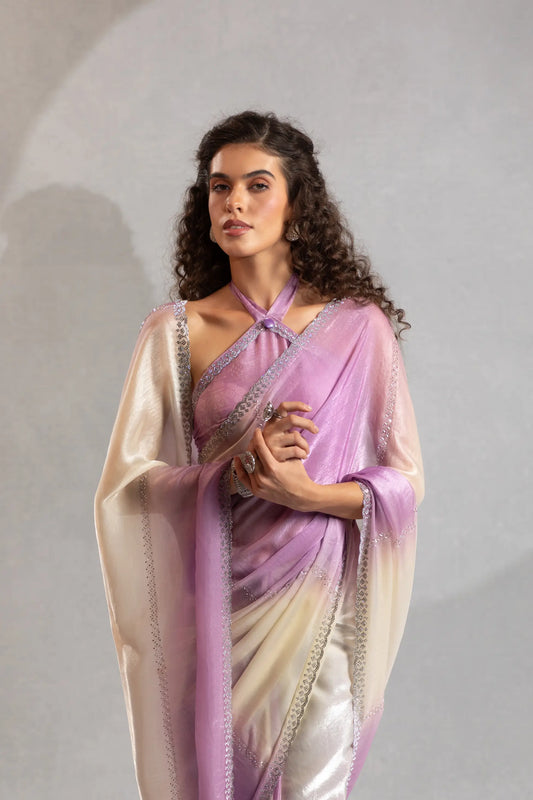 Dusty Purple-Ivory Satin Silk Jarkan Hand Work Saree