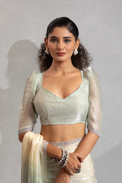 Greyish Green-Ivory Satin Silk Jarkan Hand Work Saree