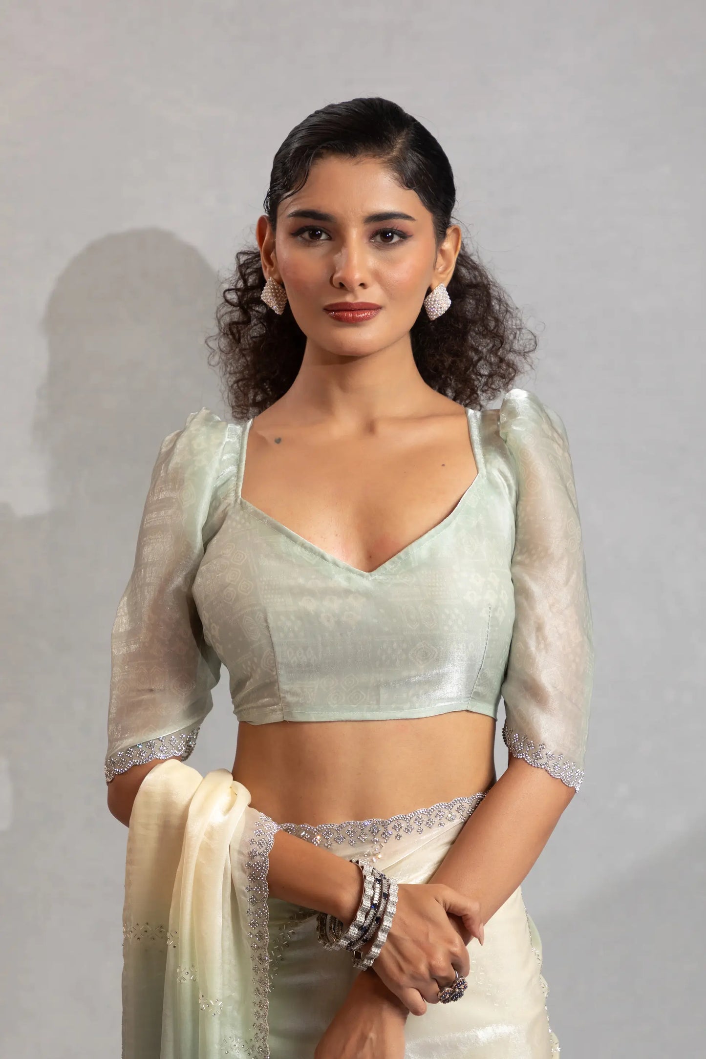 Greyish Green-Ivory Satin Silk Jarkan Hand Work Saree