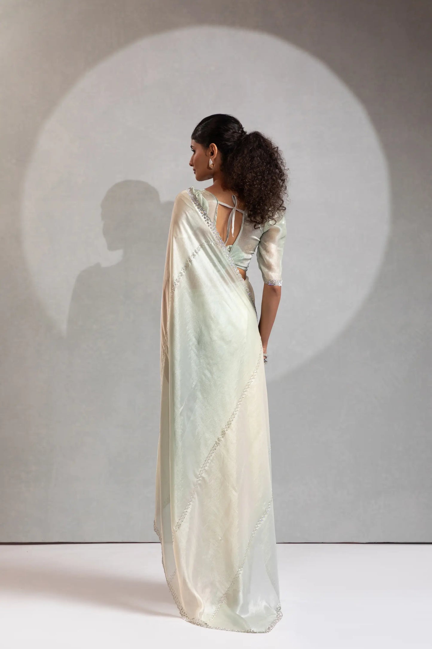 Greyish Green-Ivory Satin Silk Jarkan Hand Work Saree