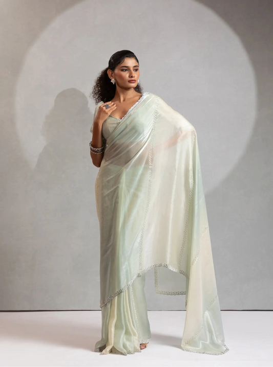 Greyish Green-Ivory Satin Silk Jarkan Hand Work Saree