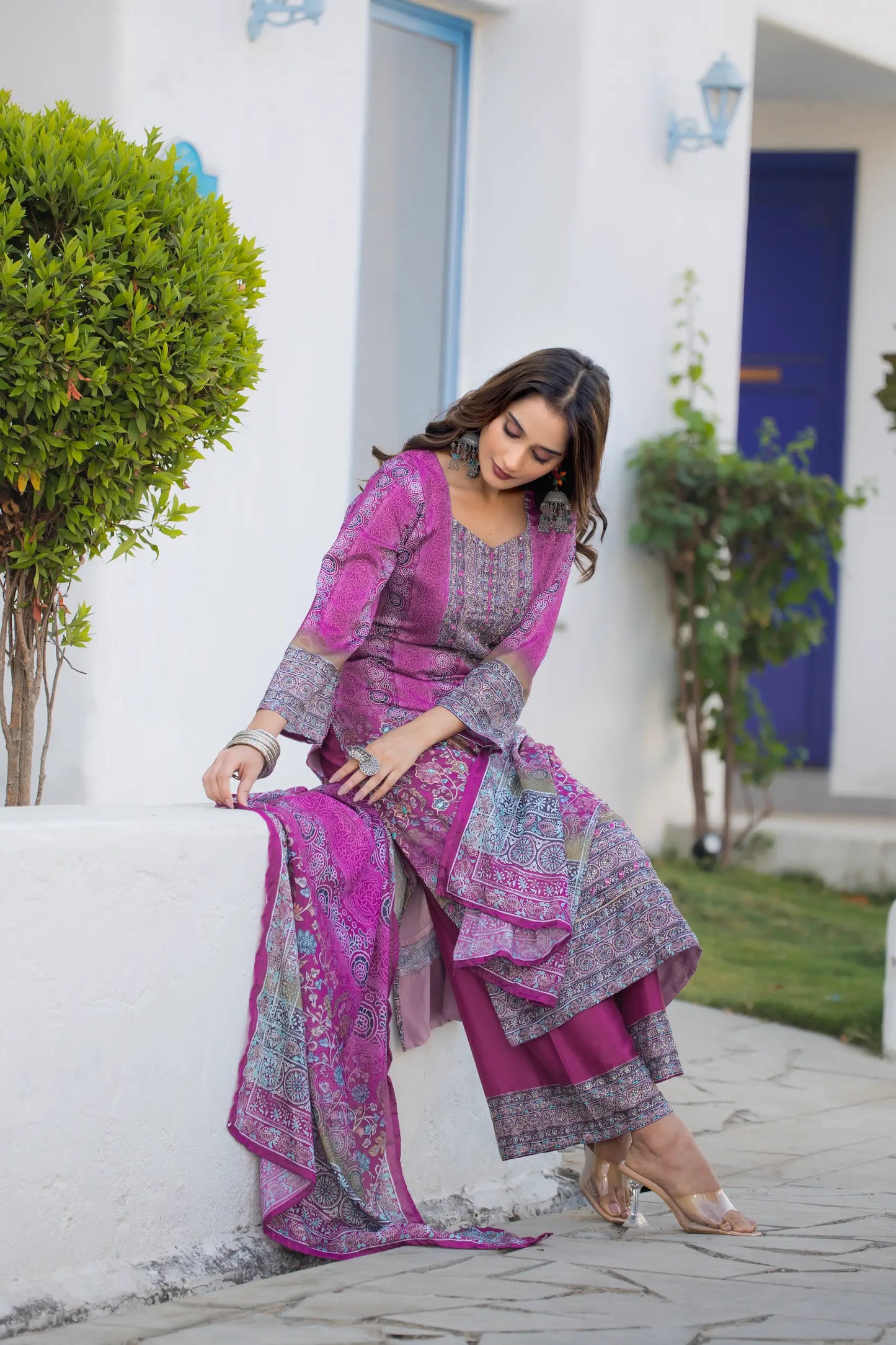 Purple Chinon Handwork & Printed Salwar Suit
