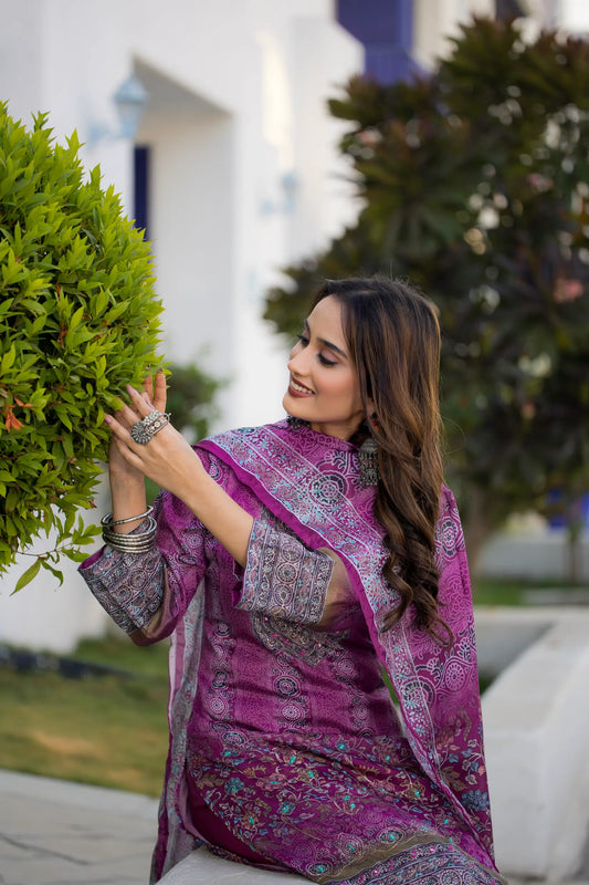 Purple Chinon Handwork & Printed Salwar Suit