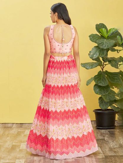 Pink Lehenga With Digital Print And Thread Zari Sequins Embroidery Real Mirror Work