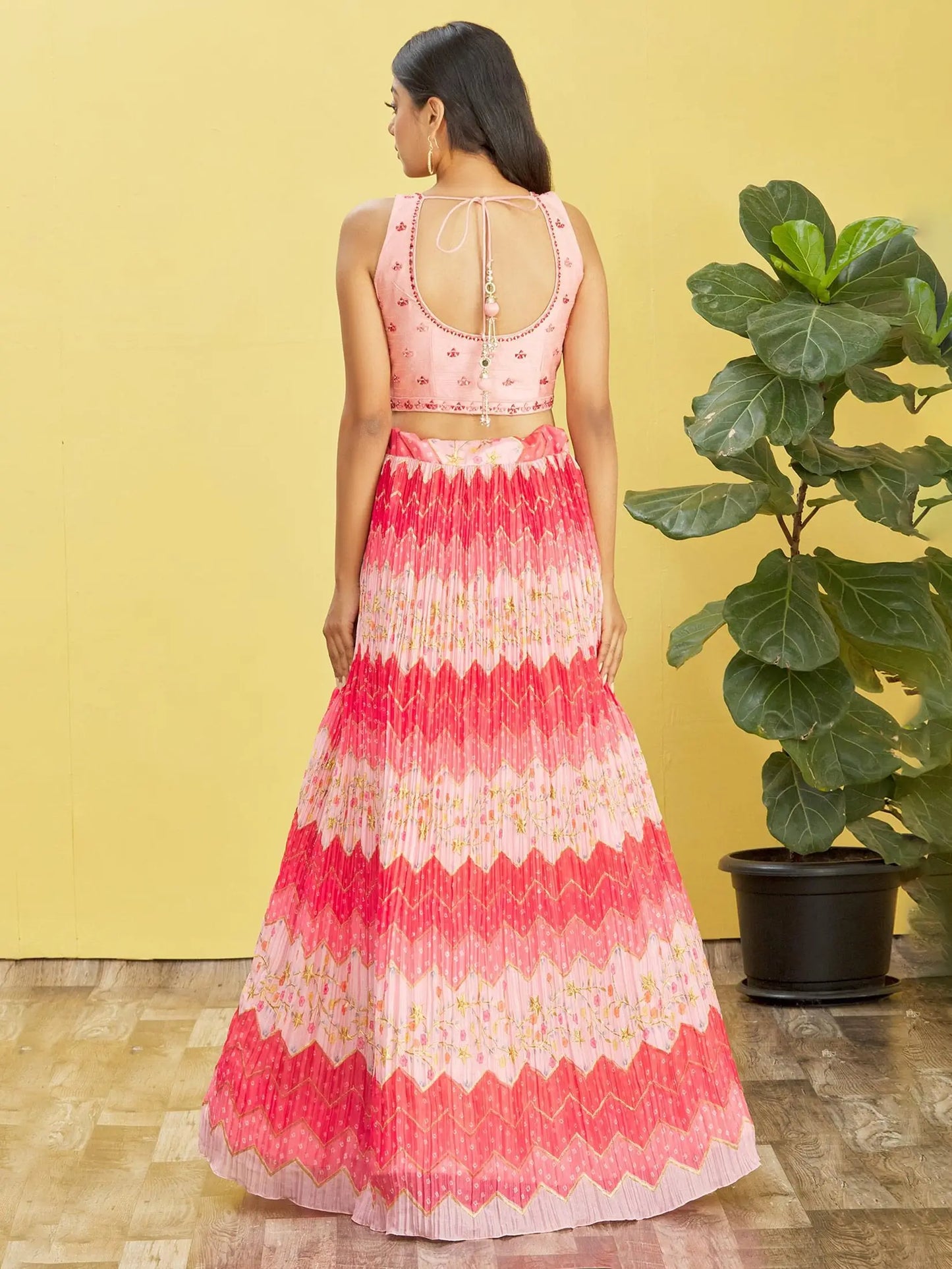 Pink Lehenga With Digital Print And Thread Zari Sequins Embroidery Real Mirror Work