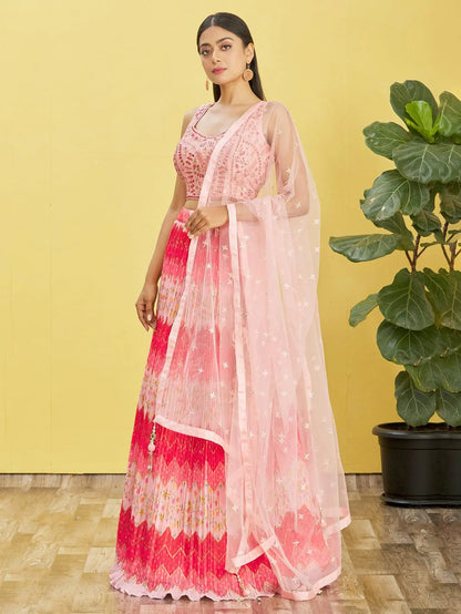 Pink Lehenga With Digital Print And Thread Zari Sequins Embroidery Real Mirror Work