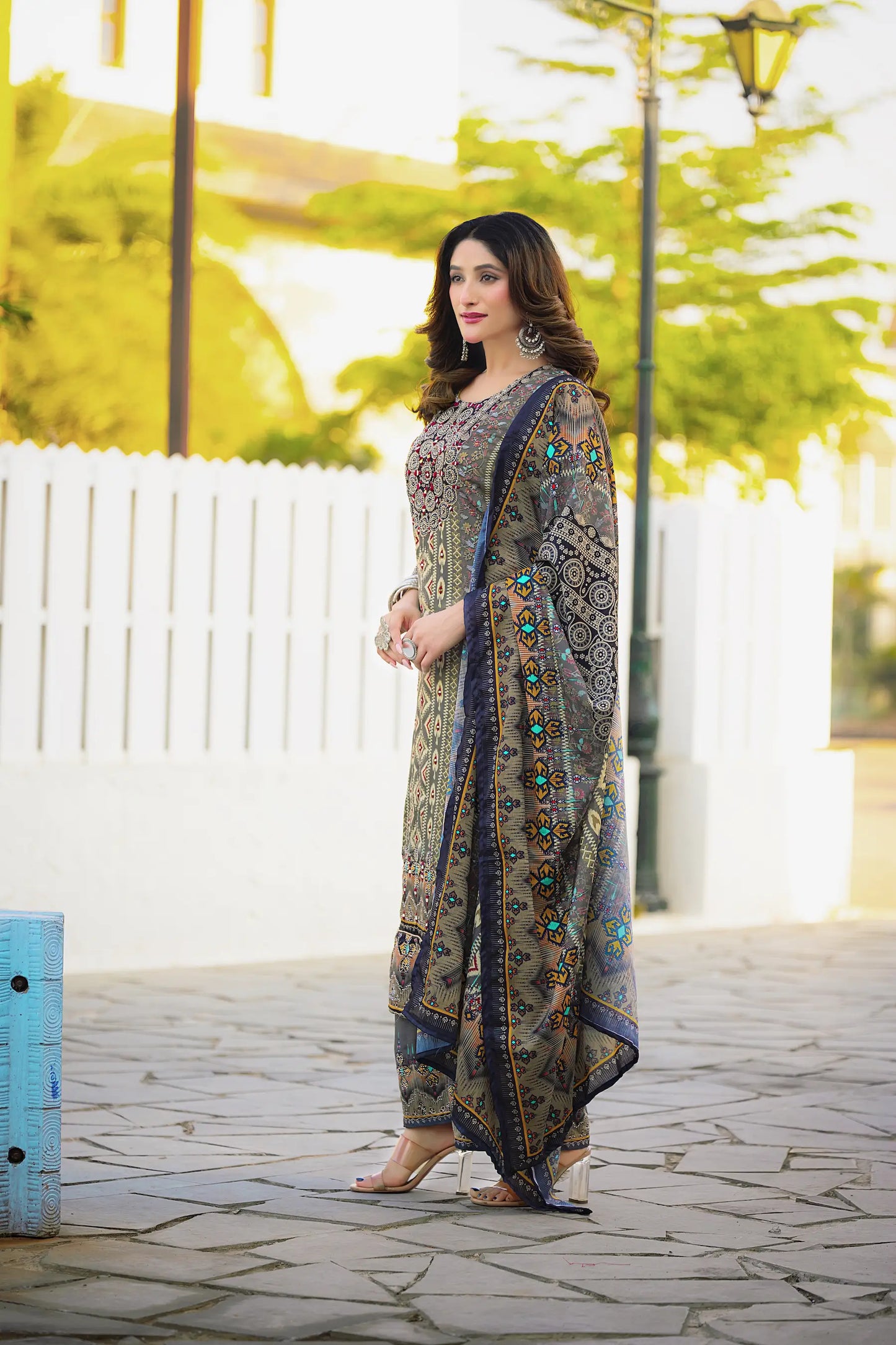 Olive Grey Chinon Handwork & Printed Salwar Suit
