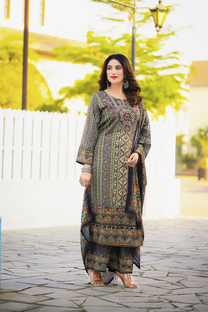 Olive Grey Chinon Handwork & Printed Salwar Suit
