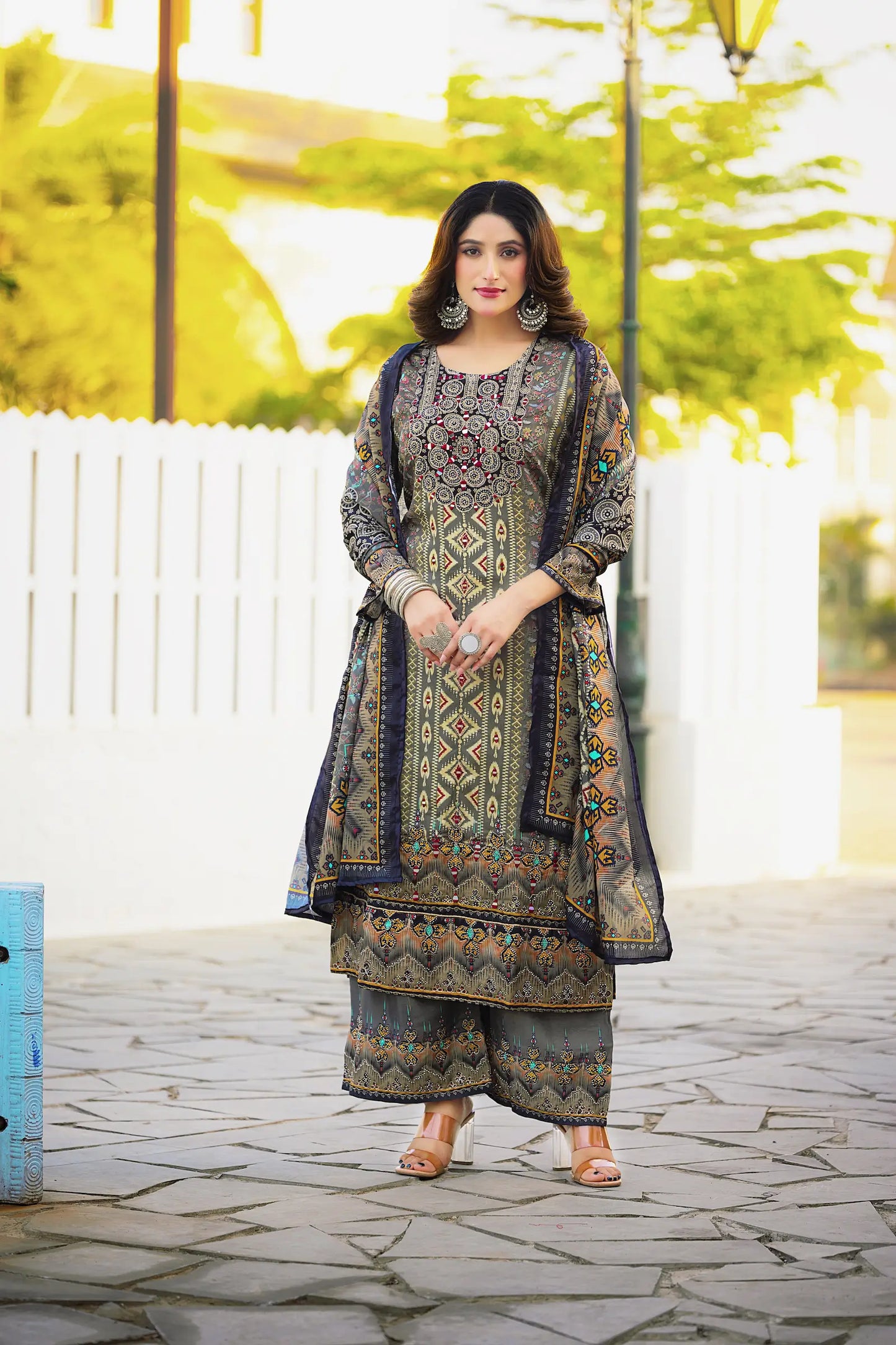 Olive Grey Chinon Handwork & Printed Salwar Suit