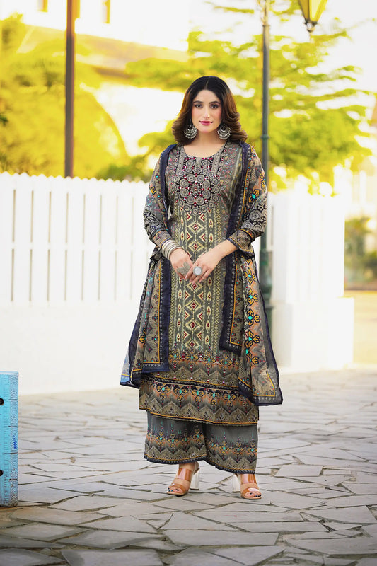 Olive Grey Chinon Handwork & Printed Salwar Suit