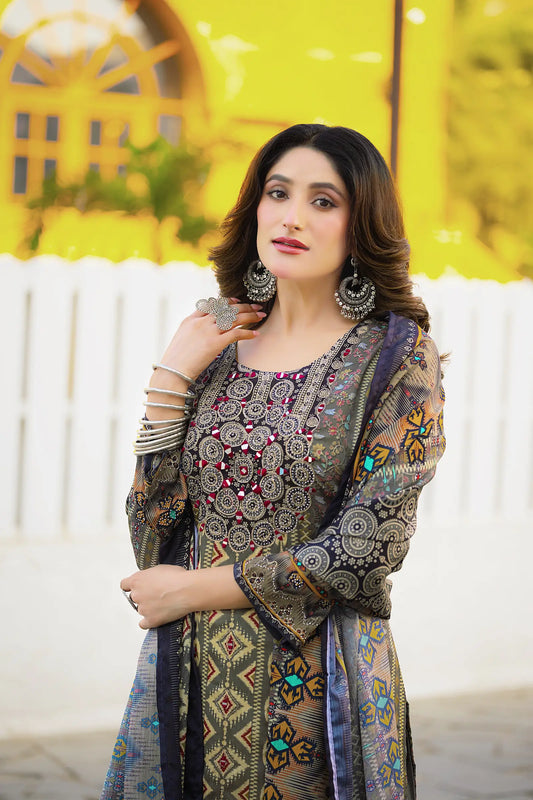 Olive Grey Chinon Handwork & Printed Salwar Suit