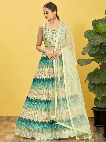 Pine Green Lehenga With Digital Print And Thread Zari Sequins Embroidery Real Mirror Work