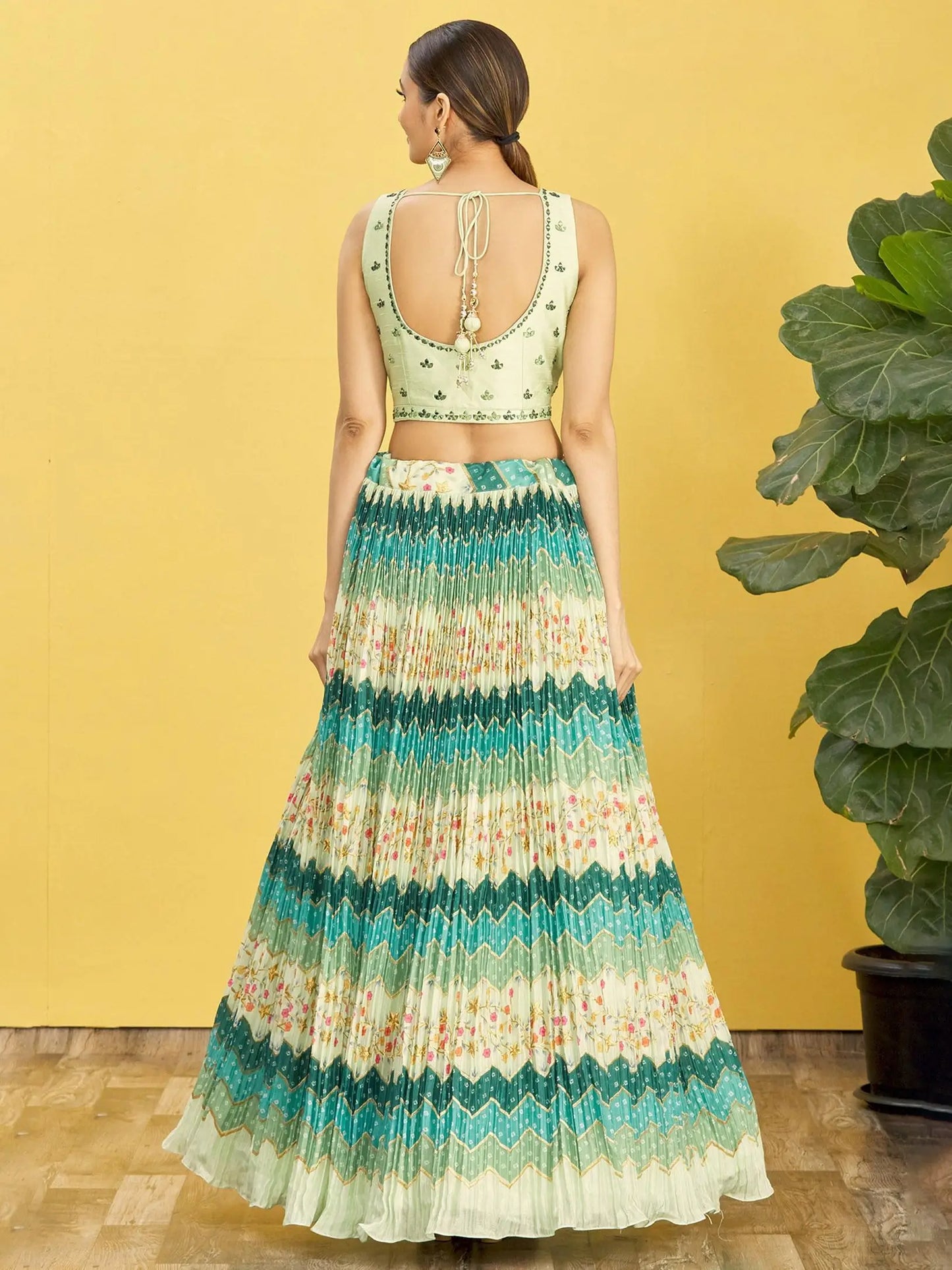 Pine Green Lehenga With Digital Print And Thread Zari Sequins Embroidery Real Mirror Work