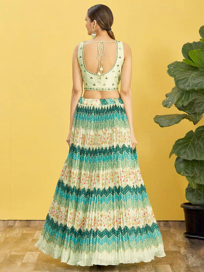 Pine Green Lehenga With Digital Print And Thread Zari Sequins Embroidery Real Mirror Work
