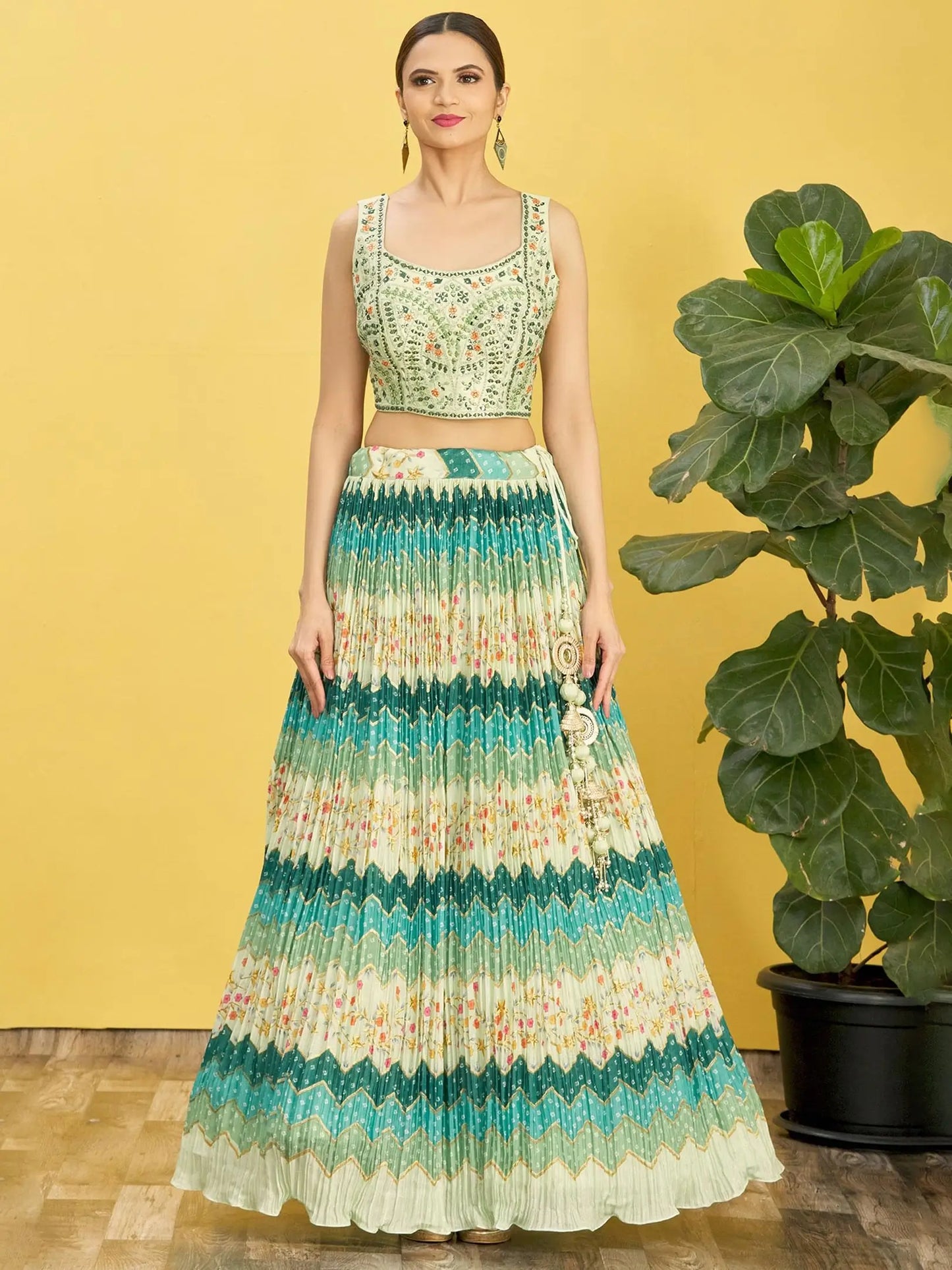 Pine Green Lehenga With Digital Print And Thread Zari Sequins Embroidery Real Mirror Work