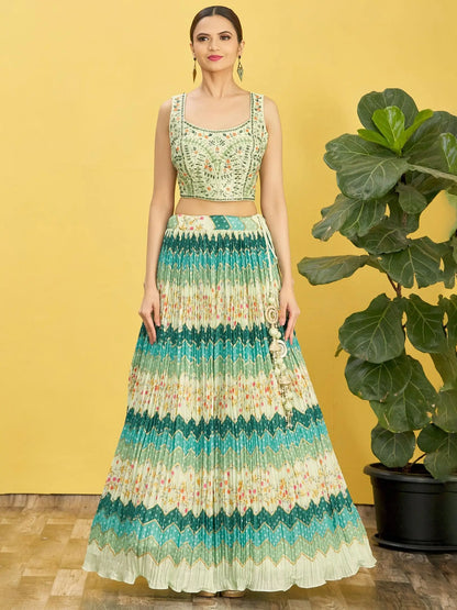 Pine Green Lehenga With Digital Print And Thread Zari Sequins Embroidery Real Mirror Work