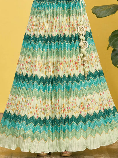 Pine Green Lehenga With Digital Print And Thread Zari Sequins Embroidery Real Mirror Work