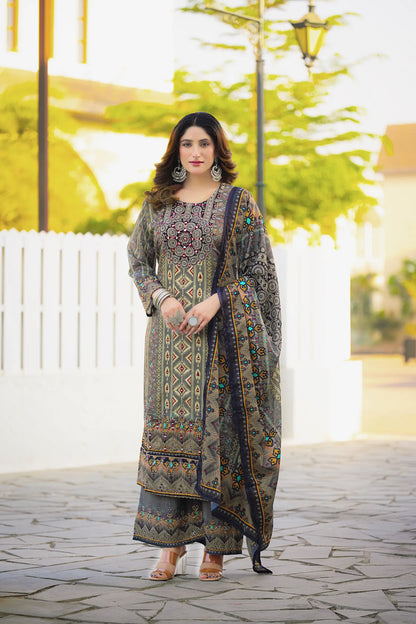 Olive Grey Chinon Handwork & Printed Salwar Suit