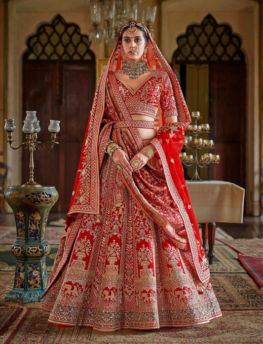 Bridal Red Lehenga With Heavy Embroidery & Pearls
