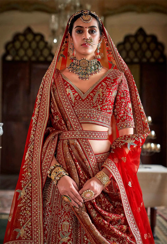 Bridal Red Lehenga With Heavy Embroidery & Pearls