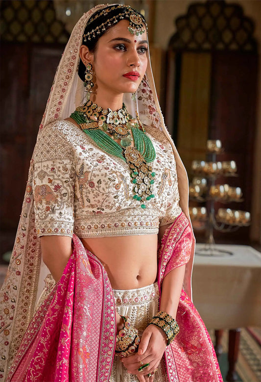 Bridal Beige Lehenga With Heavy Embroidery & Pearls