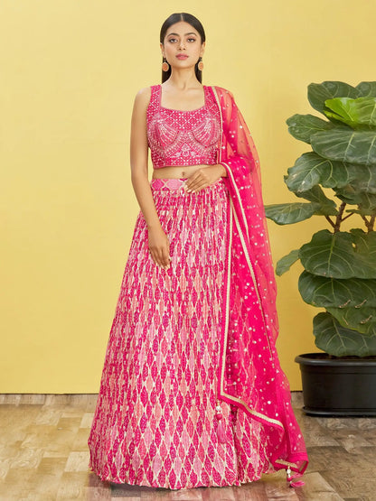 Dark Pink Lehenga With Digital Print And Thread Zari Sequins Embroidery Real Mirror Work