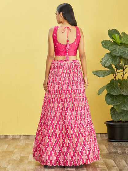 Dark Pink Lehenga With Digital Print And Thread Zari Sequins Embroidery Real Mirror Work