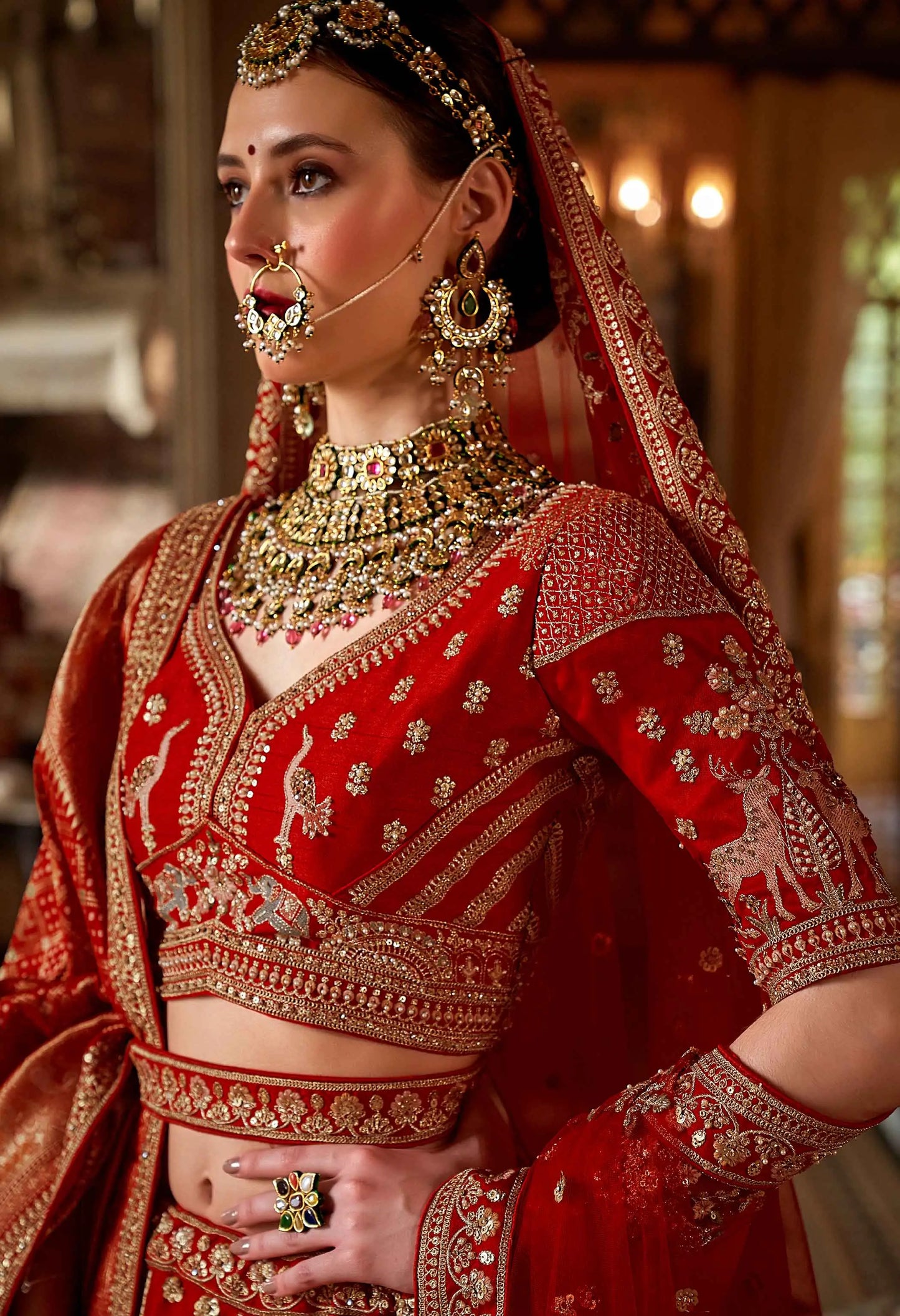 Red Heavy Embroidery & Pearl Work Bridal Lehenga