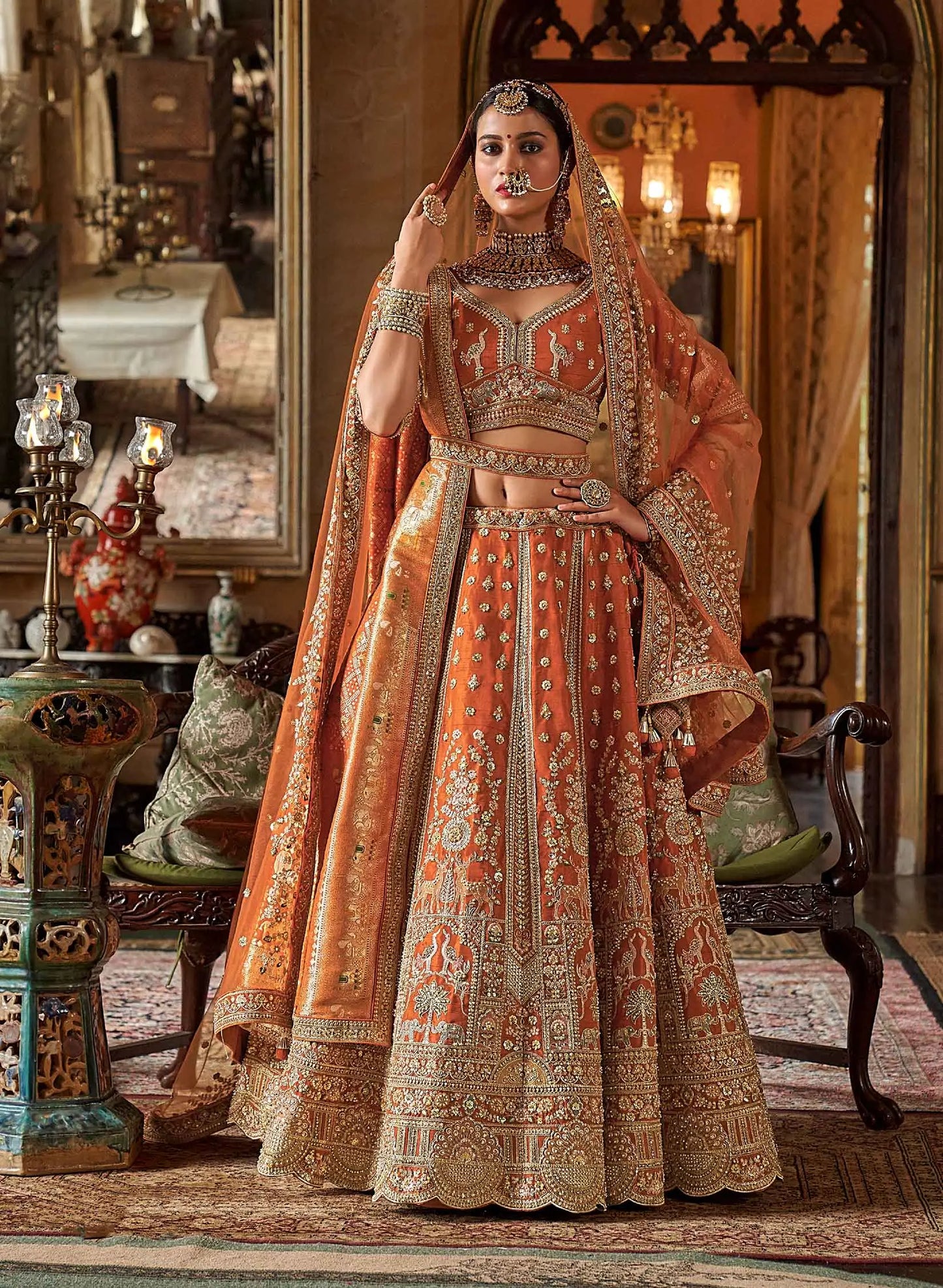 Orange Bridal Lehenga With Heavy Embroidery & Pearl Work