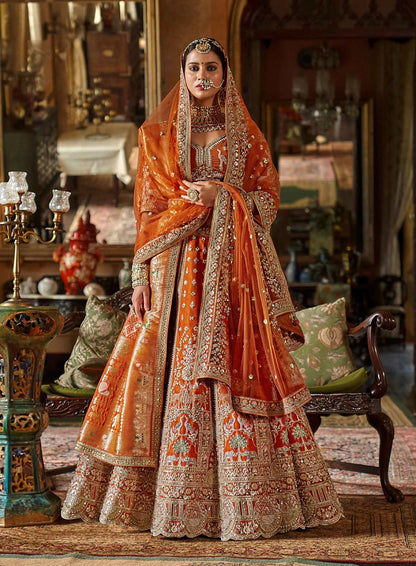 Orange Bridal Lehenga With Heavy Embroidery & Pearl Work