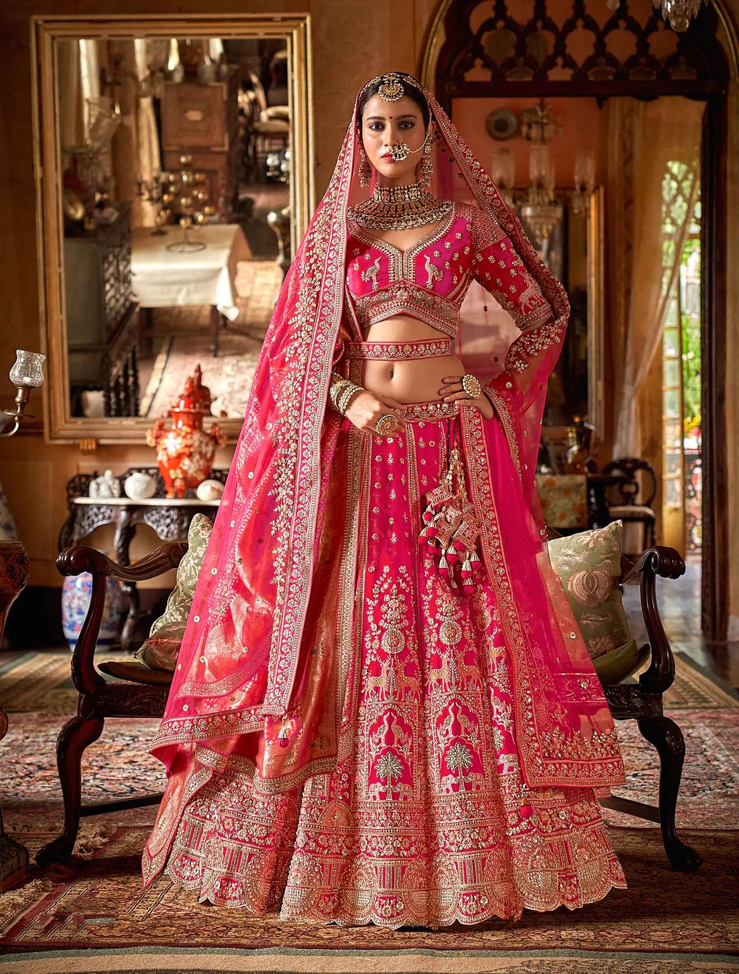Pink Heavy Embroidery & Pearl Work Bridal Lehenga With
